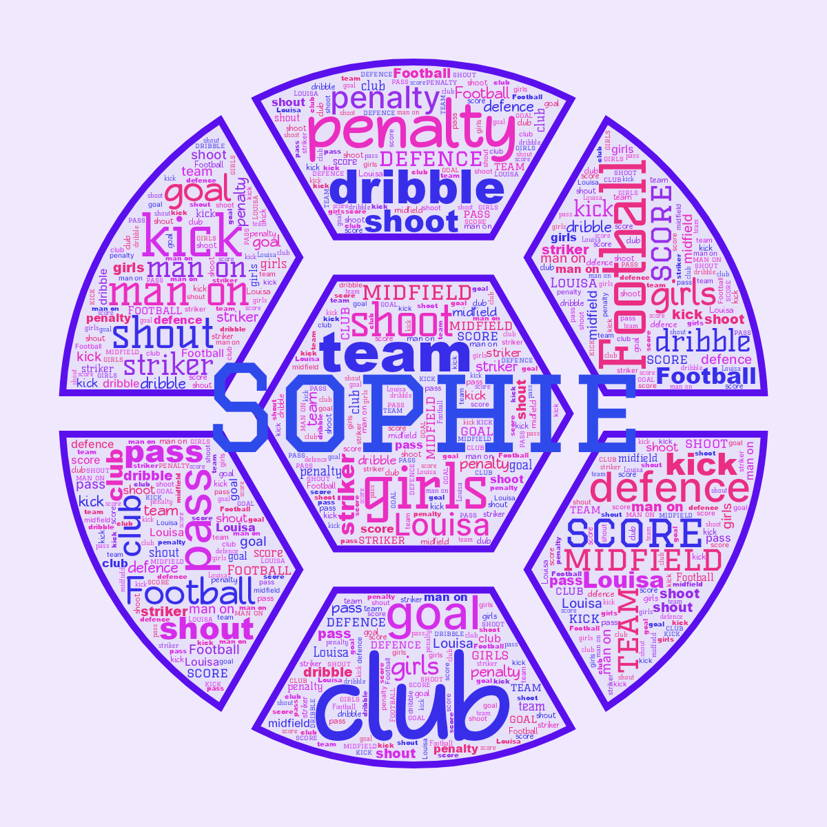 Word cloud in a Football shape with 17 words like club, Football and girls in blue, purple and pink.