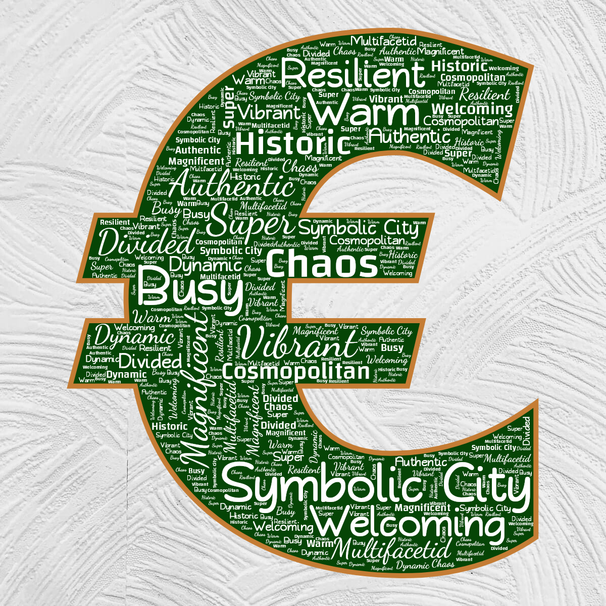 Word cloud in an Euro shape with 15 words like Symbolic City, Vibrant and Chaos in white, green and orange.