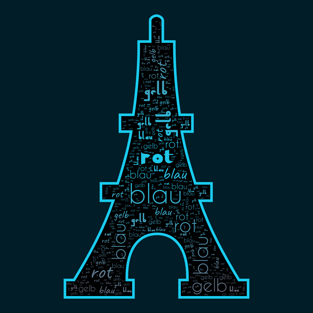 Word cloud in an Eiffel Tower shape with 3 repeated words like rot, blau and gelb in blue, red and black.