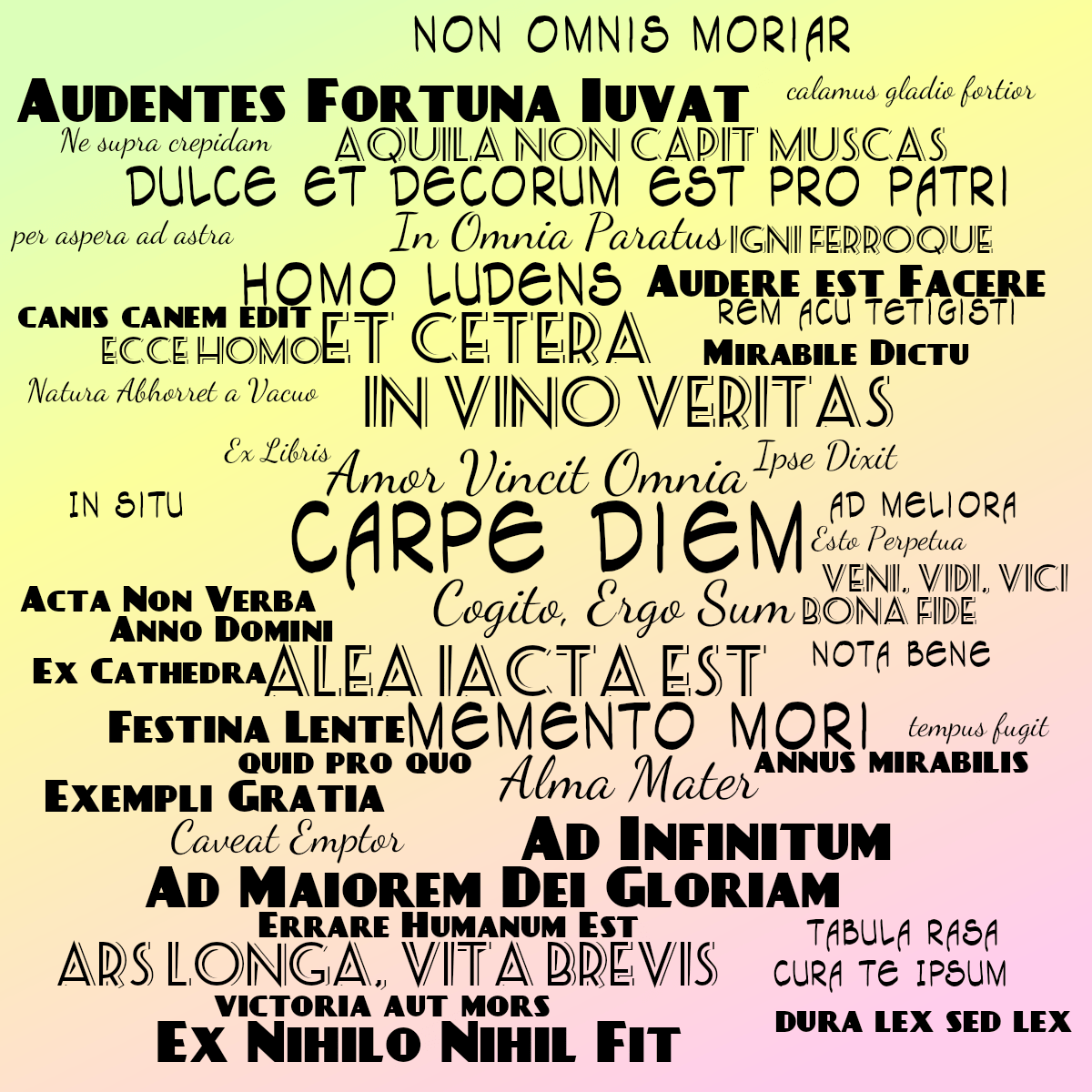 Word cloud with 70 words like Carpe Diem, Cogito, Ergo Sum and Amor Vincit Omnia in multicolor.