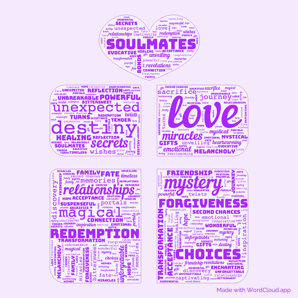 Word cloud of the book The Gift in a Gift shape with 50 words like love, destiny and mystery.
