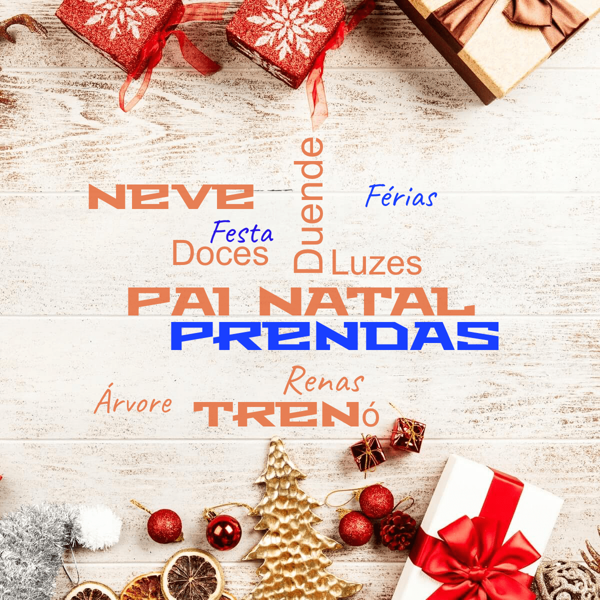 Word cloud with 11 words like Pai Natal, Duende and Prendas in bright red and blue.