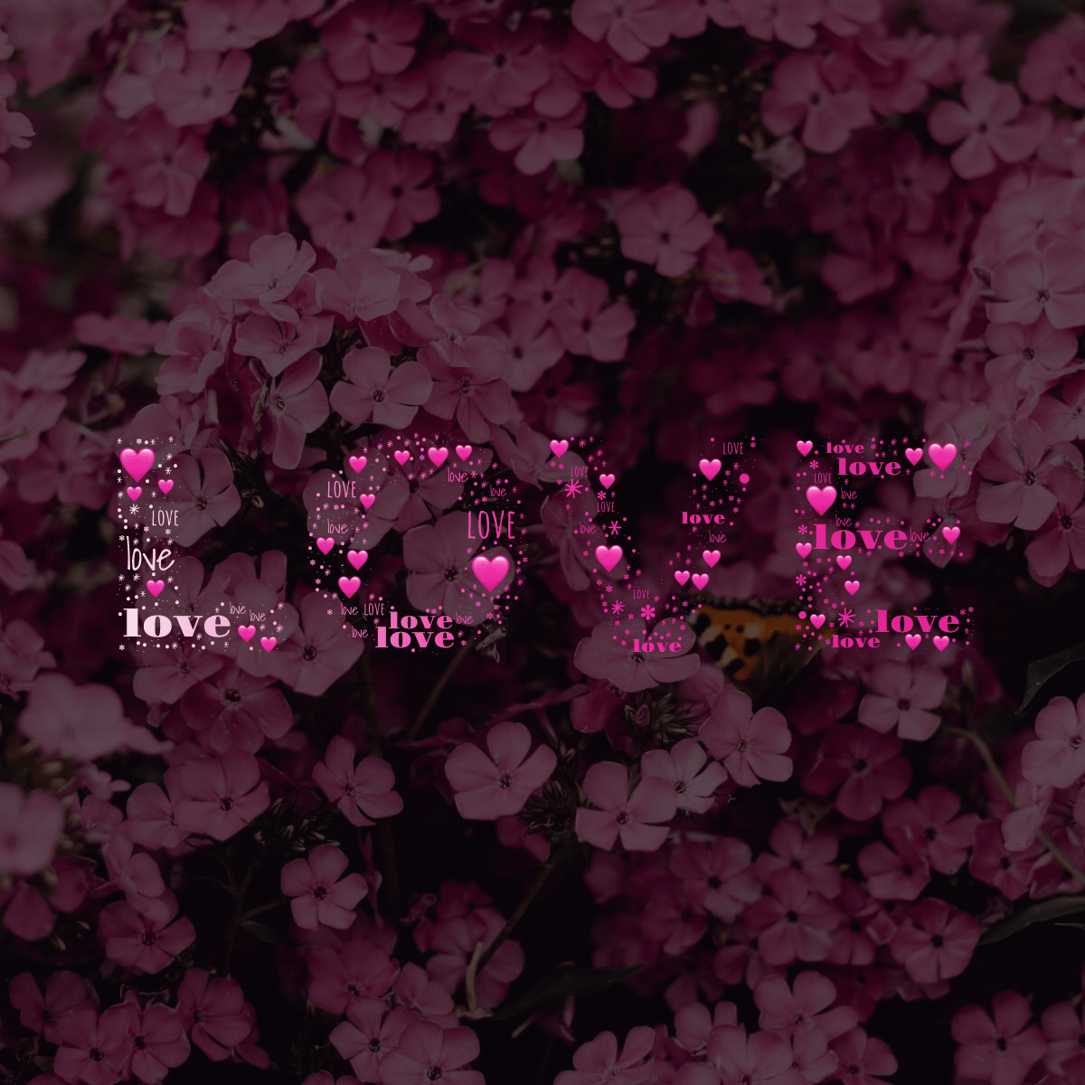 Word cloud in the shape of the word LOVE with 4 words like love, * and . in pink.