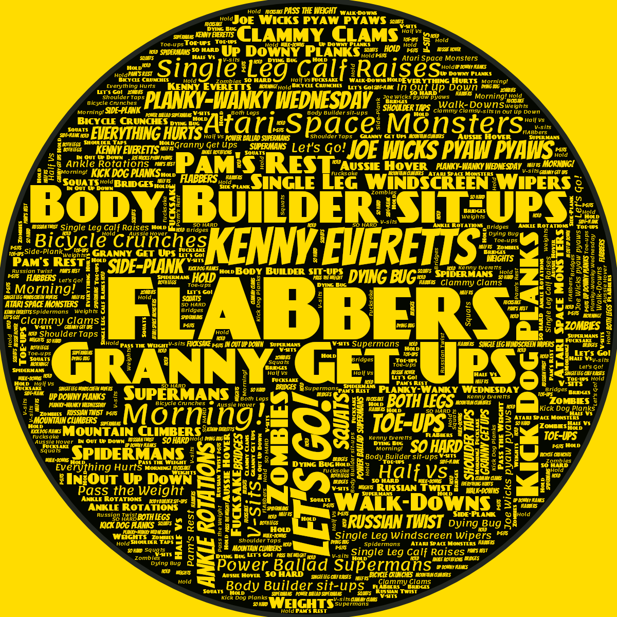 Word cloud in a Circle shape with 41 words like FlABbers, Granny Get Ups and Kenny Everetts in yellow, black and green.