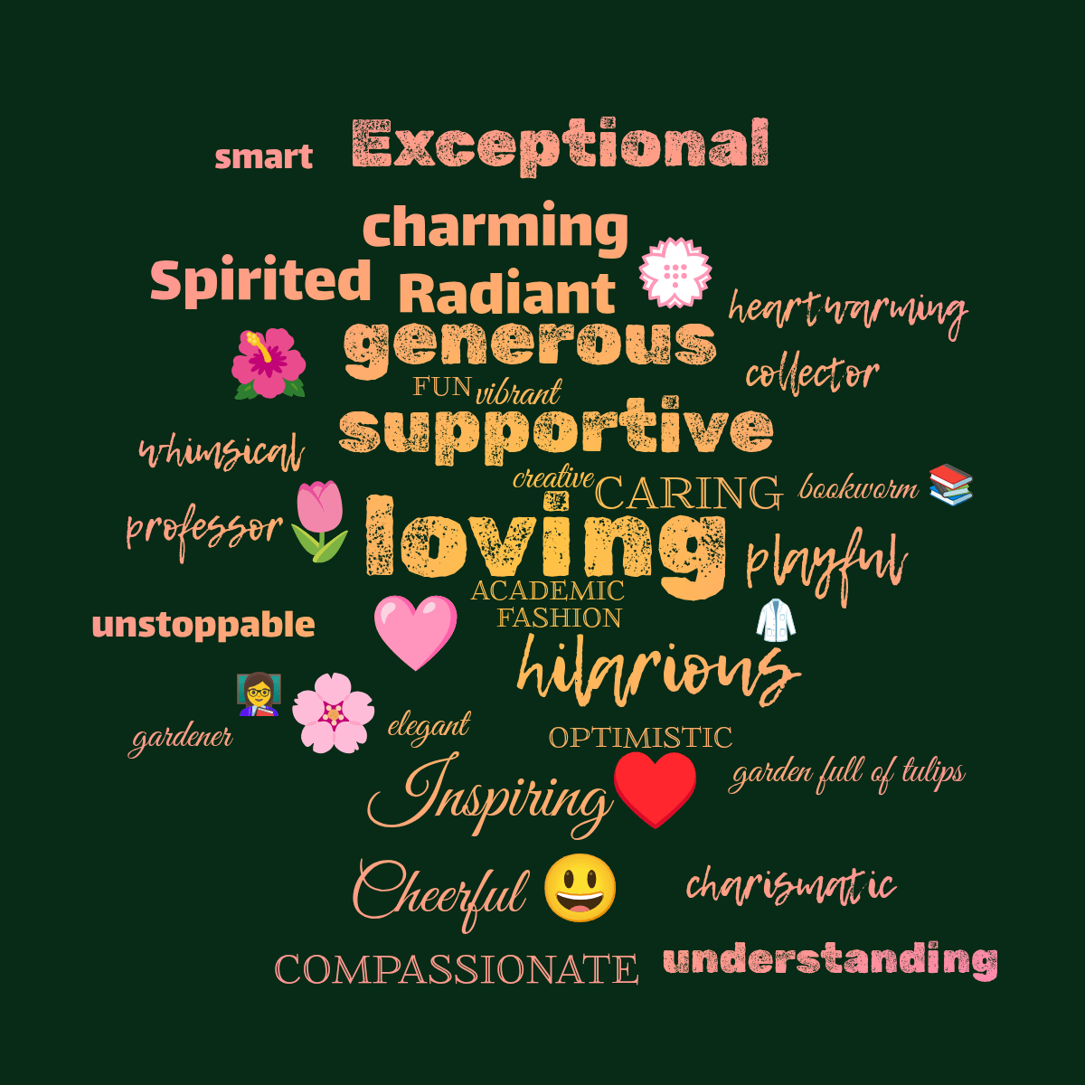 Word cloud with 41 words like loving, supportive and hilarious in orange, pink and green.