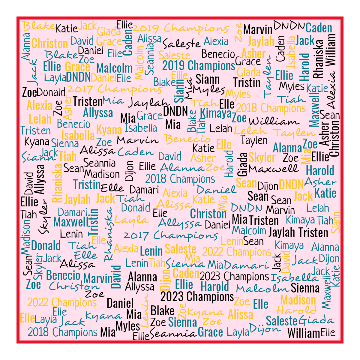 Word cloud in a Square shape with 53 words like 2018 Champions, Alanna and Alexia in multicolor.