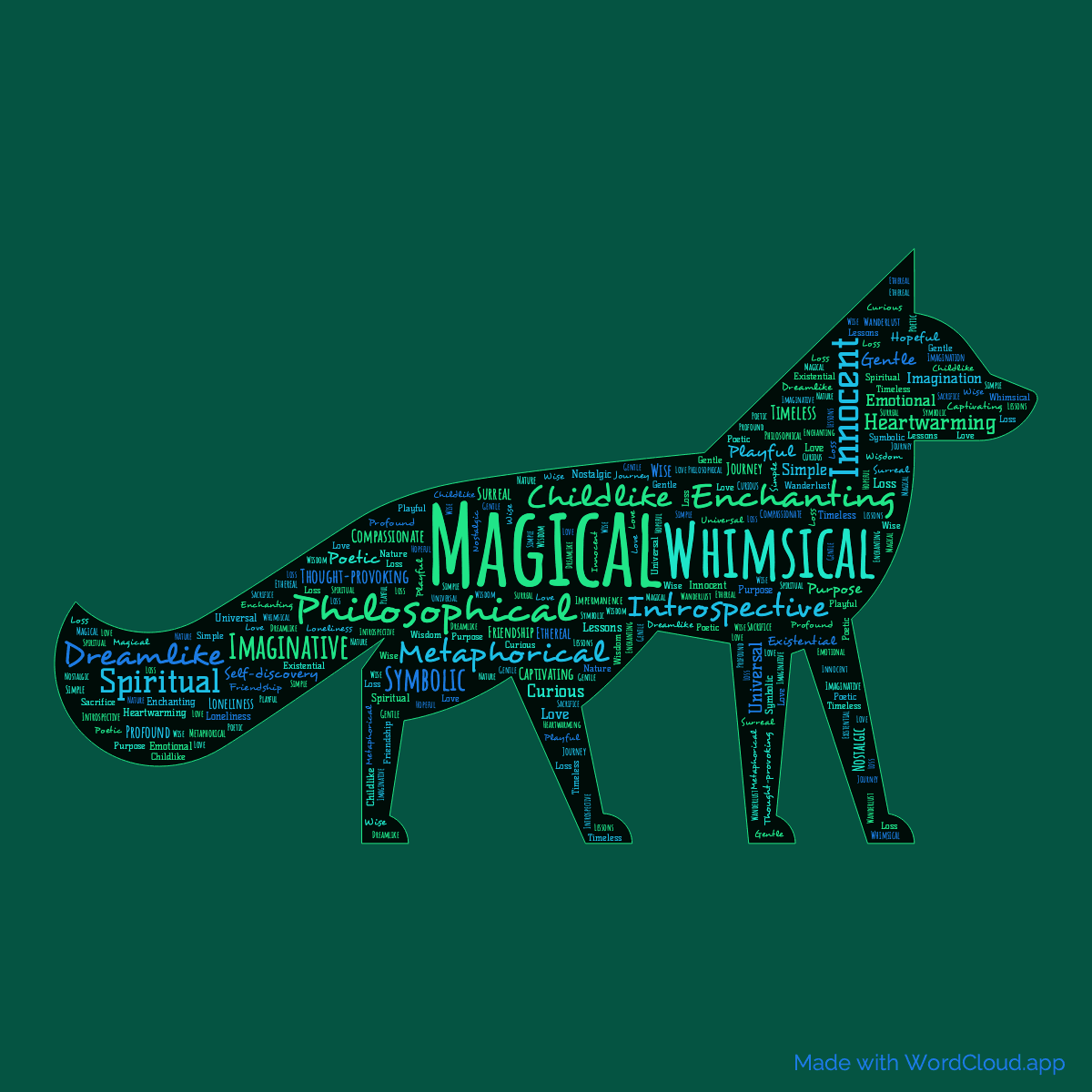 Word cloud of the book The Little Prince in a Fox shape with 45 words like Magical, Whimsical and Philosophical.