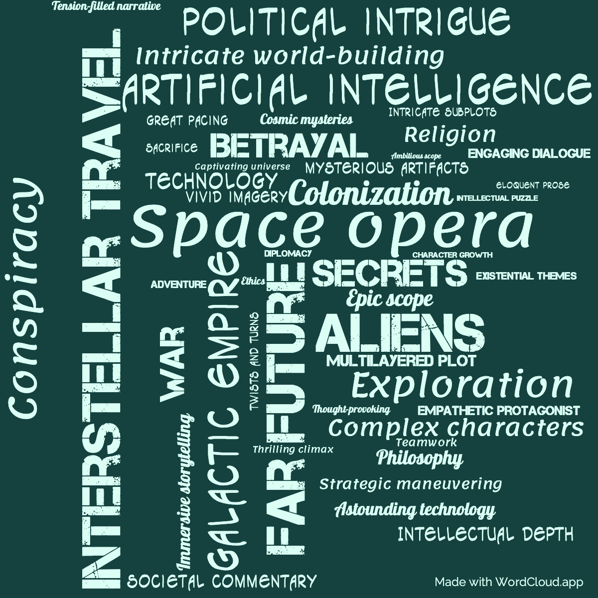 Word cloud of the book The Algebraist with 47 words like Space opera, Interstellar travel and Far future.
