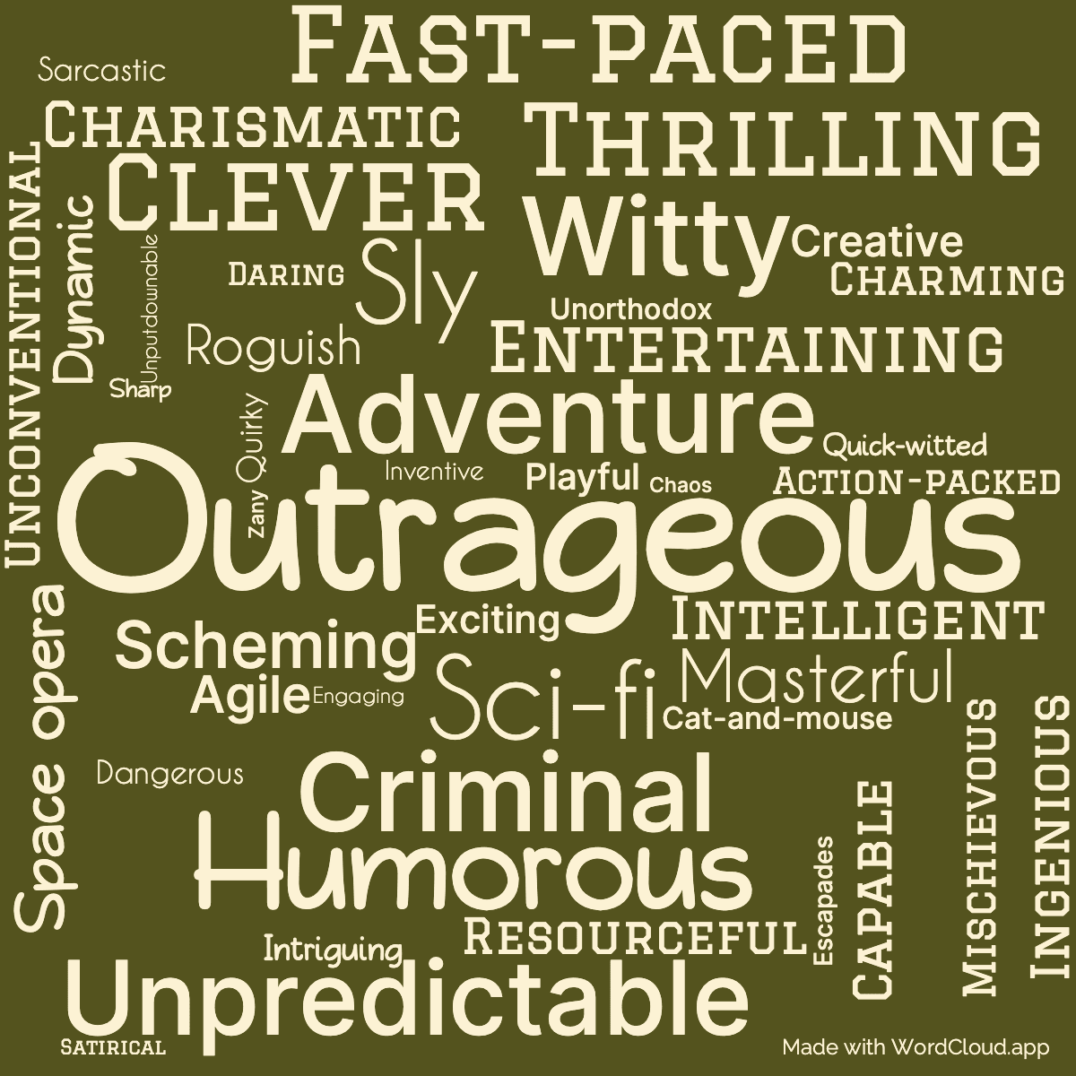 Word cloud of the book The Stainless Steel Rat Joins the Circus with 46 words like Outrageous, Adventure and Sci-fi.