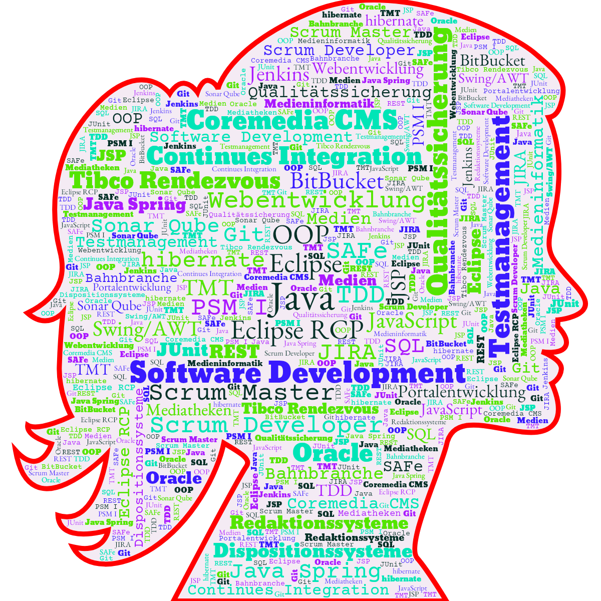 Word cloud in a Woman Face shape with 38 words like Java, Eclipse and Eclipse RCP in multicolor.