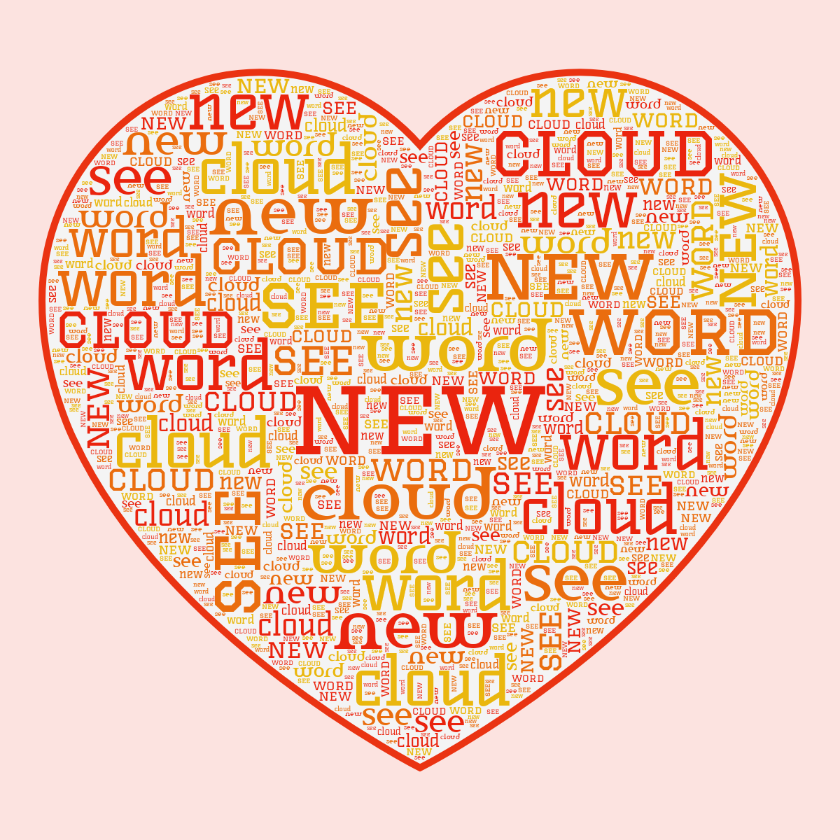 Word cloud in a Heart shape with 4 words like new, word and cloud in multicolor.