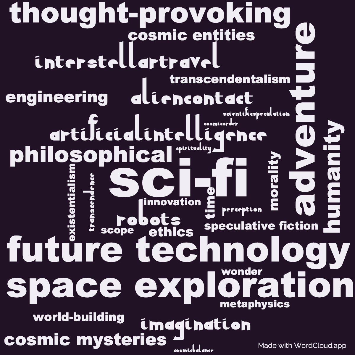Word cloud of the book Cosmic Engineers with 32 words like sci-fi, space exploration and future technology.