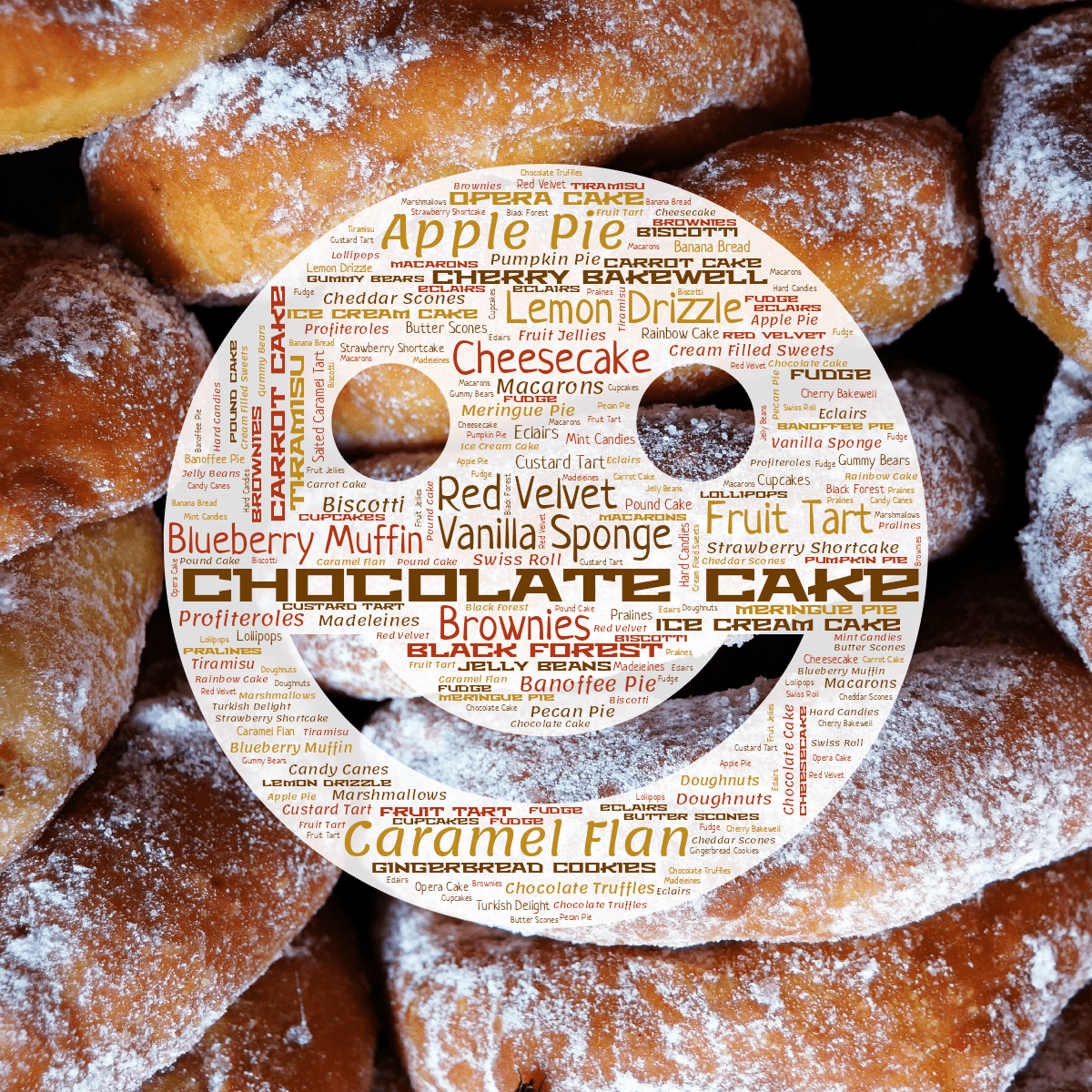 Word cloud in a Smiling Face shape with 50 words like Chocolate Cake, Vanilla Sponge and Red Velvet in orange, red and white.