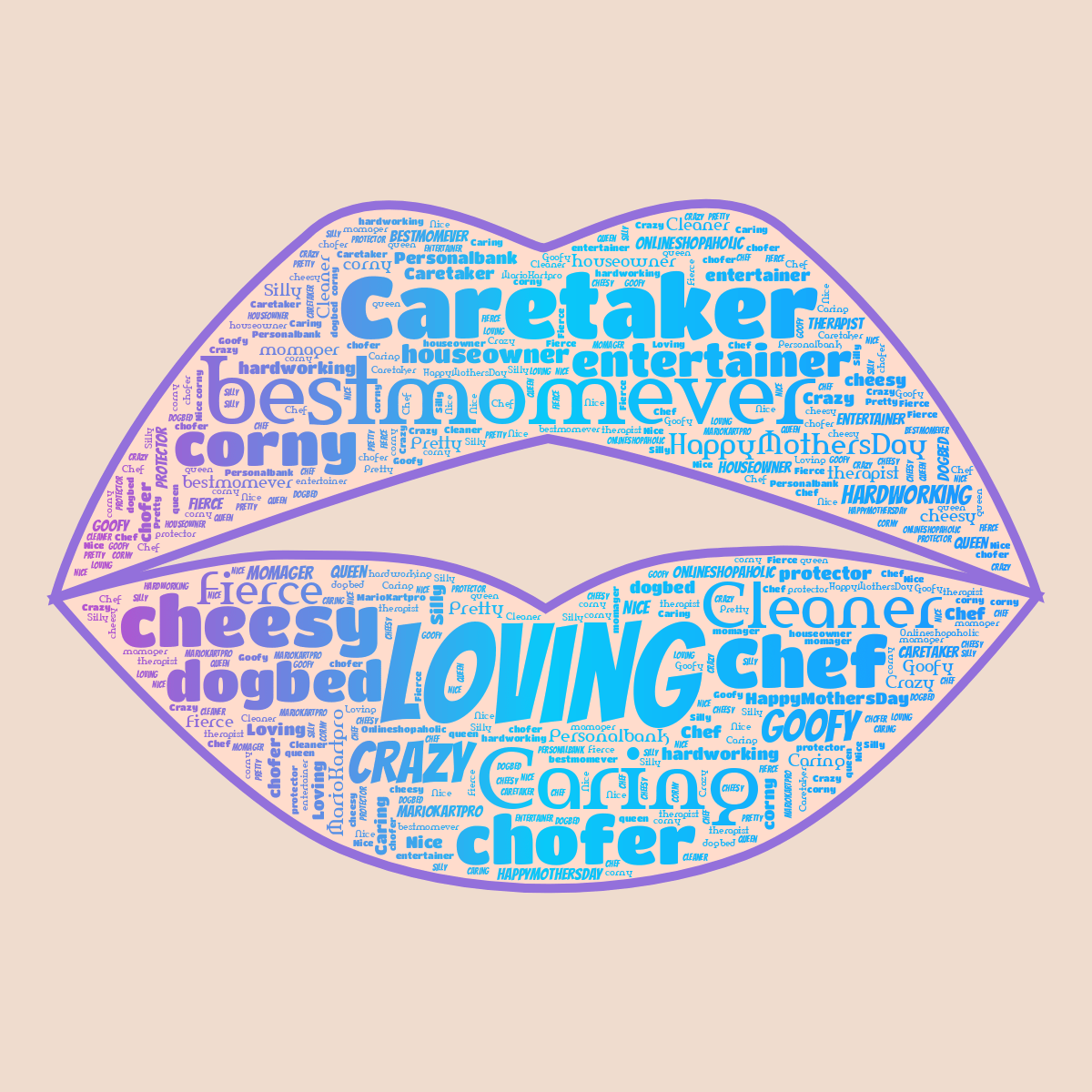 Word cloud in a Kiss shape with 27 words like Loving, bestmomever and Caretaker in multicolor.