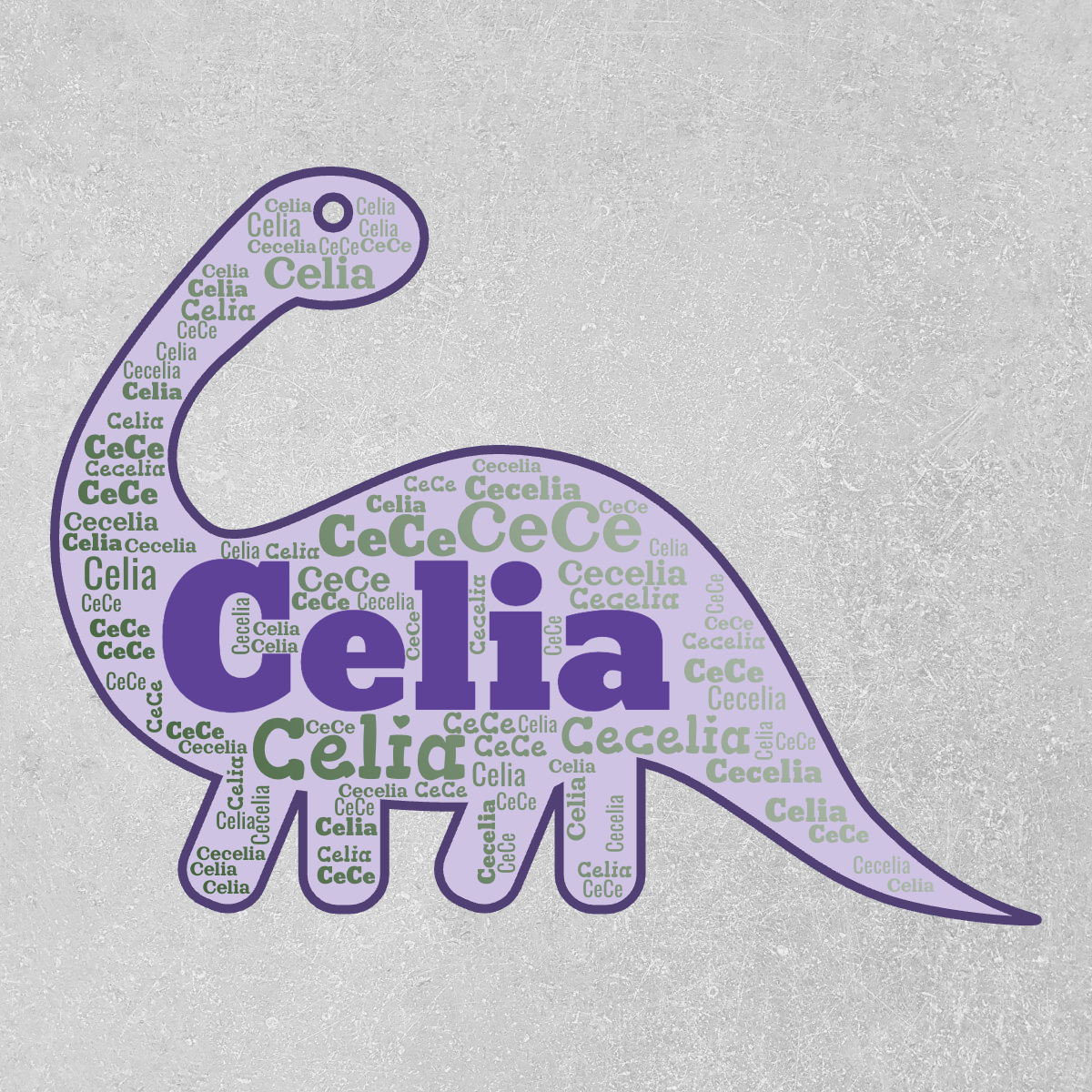 Word cloud in a Dinosaur shape with 3 repeated words like Celia, CeCe and Cecelia in white, green and purple.