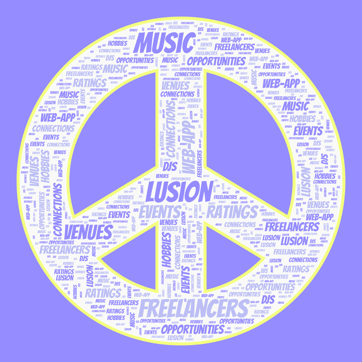 Word cloud in a Peace shape with 11 words like Lusion, Music and Freelancers in light blue and green.