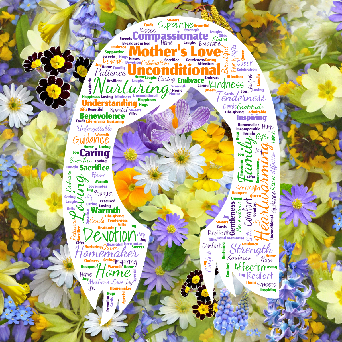 Word cloud in a Woman Face shape with 50 words like Mother's Love, Unconditional and Nurturing in multicolor.