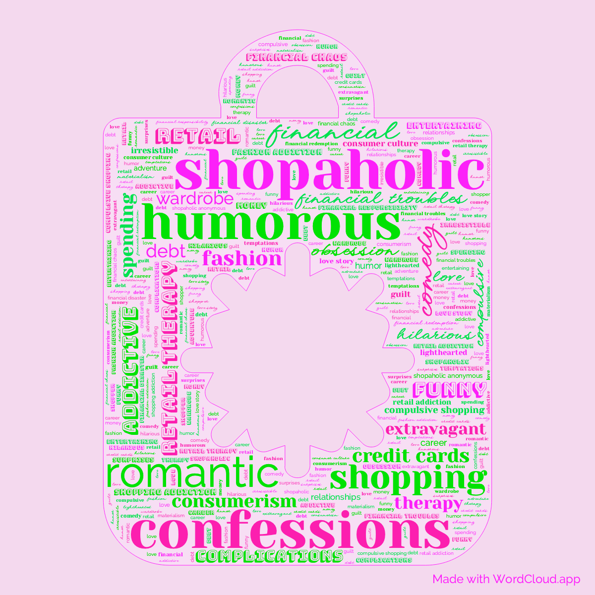 Word cloud of the book Confessions of A Shopaholic in a Snowflake Bag shape with 49 words like shopaholic, confessions and humorous.