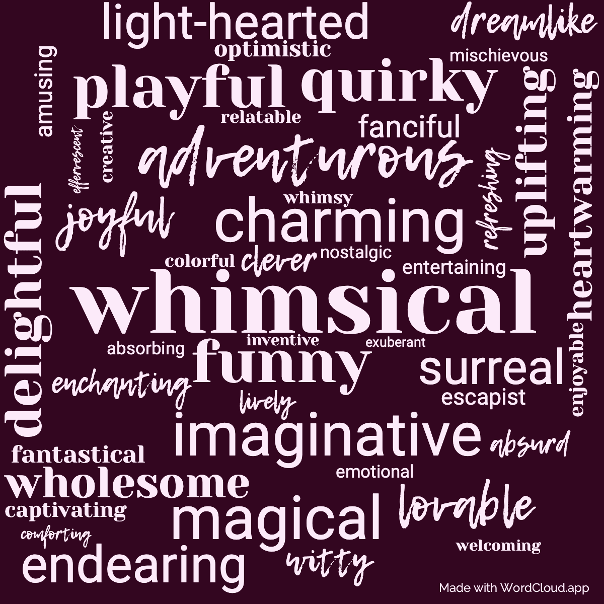 Word cloud of the book Moominsummer Madness with 45 words like whimsical, funny and charming.