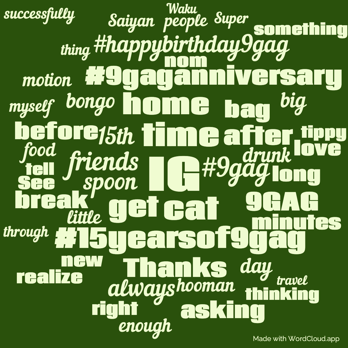 Word cloud with 50 words like IG, time and cat in green.
