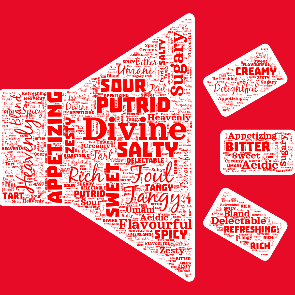 Word cloud in a Speaker Volume shape with 23 words like Divine, Salty and Foul in red and white.