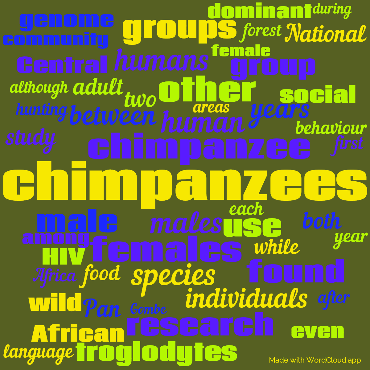Word cloud with 50 words like chimpanzees, chimpanzee and males in yellow, green and blue.