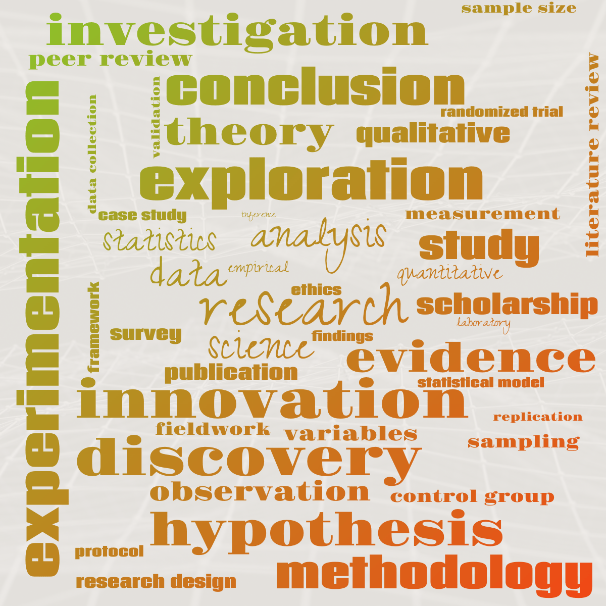 Word cloud with 44 words like research, analysis and science in bright red and green.