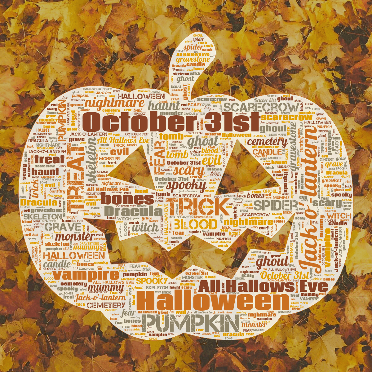 Word cloud in a Pumpkin shape with 30 words like Halloween, October 31st and trick in orange, red and yellow.