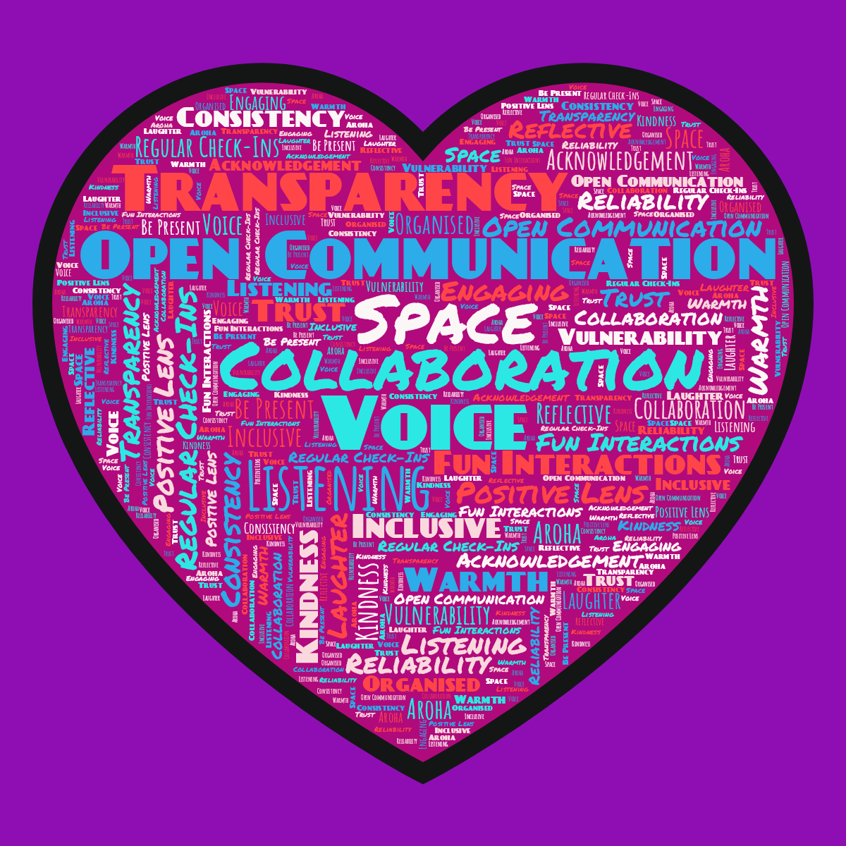 Word cloud in a Heart shape with 23 words like Collaboration, Voice and Listening in multicolor.