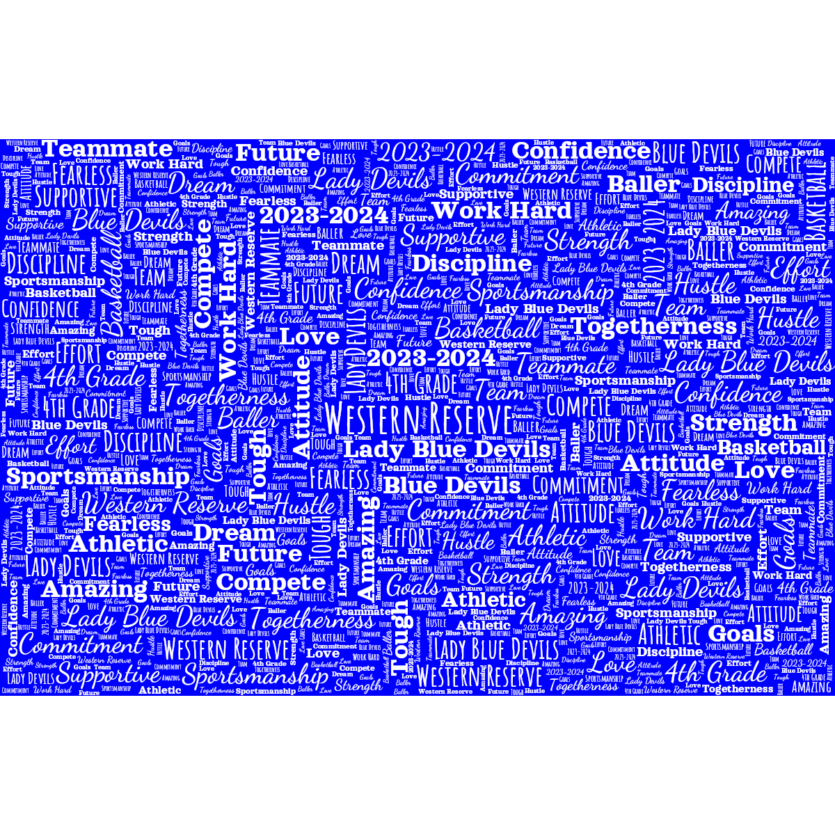 Word cloud in a Horizontal Rectangle shape with 30 words like Western Reserve, Lady Blue Devils and 4th Grade in white and blue.