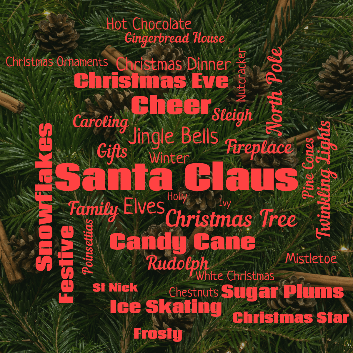 Word cloud with 35 words like Santa Claus, Elves and Christmas Tree in red.
