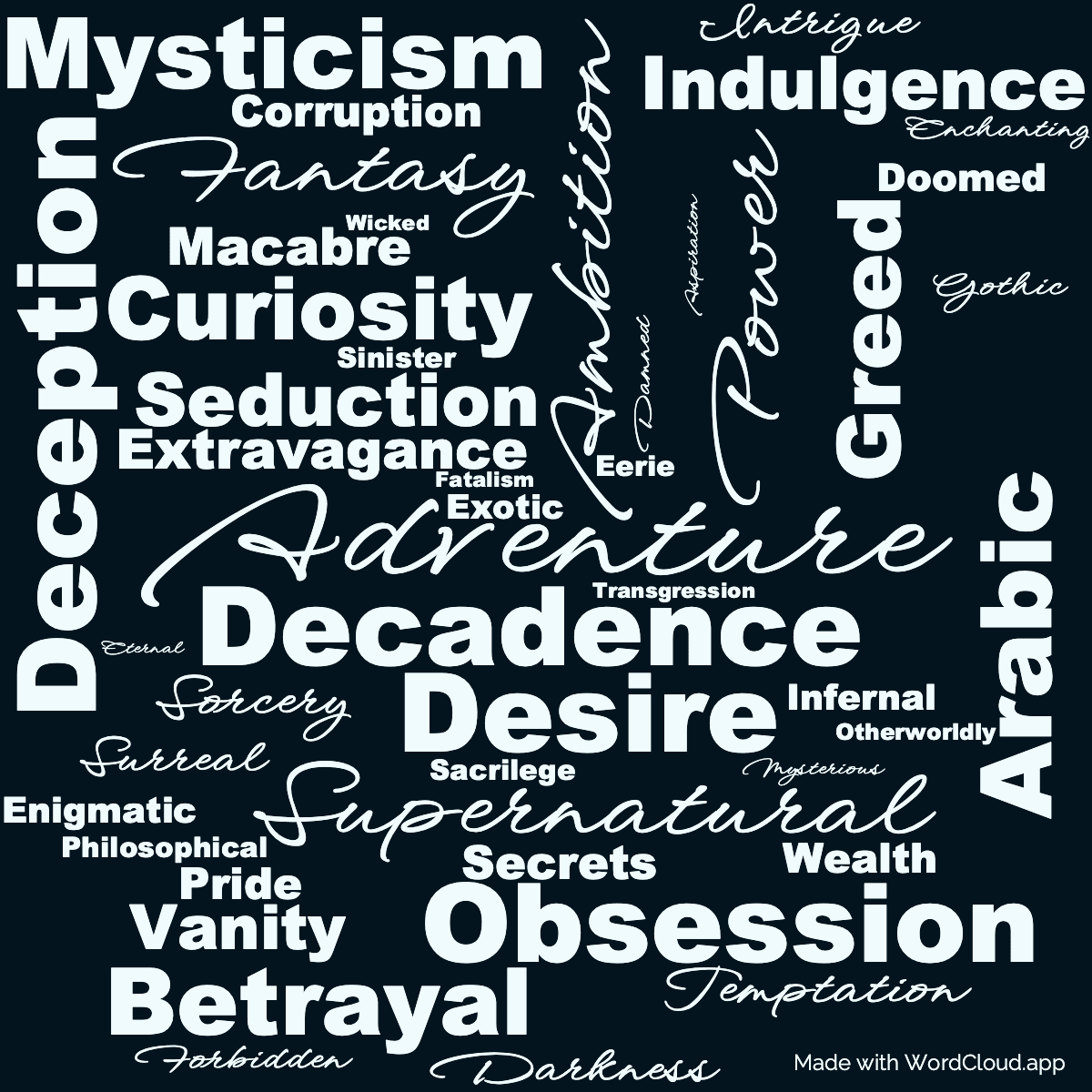 Word cloud of the book The History of Caliph Vathek with 47 words like Adventure, Ambition and Decadence.