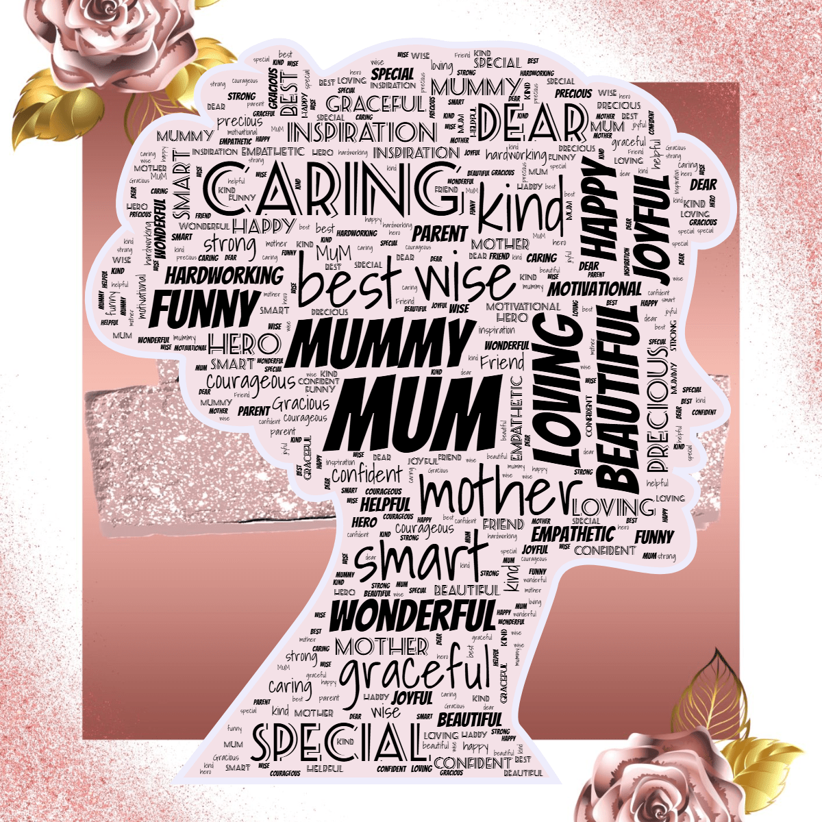 Word cloud in a Woman Face shape with 30 words like MUM, mummy and mother in black, red and blue.