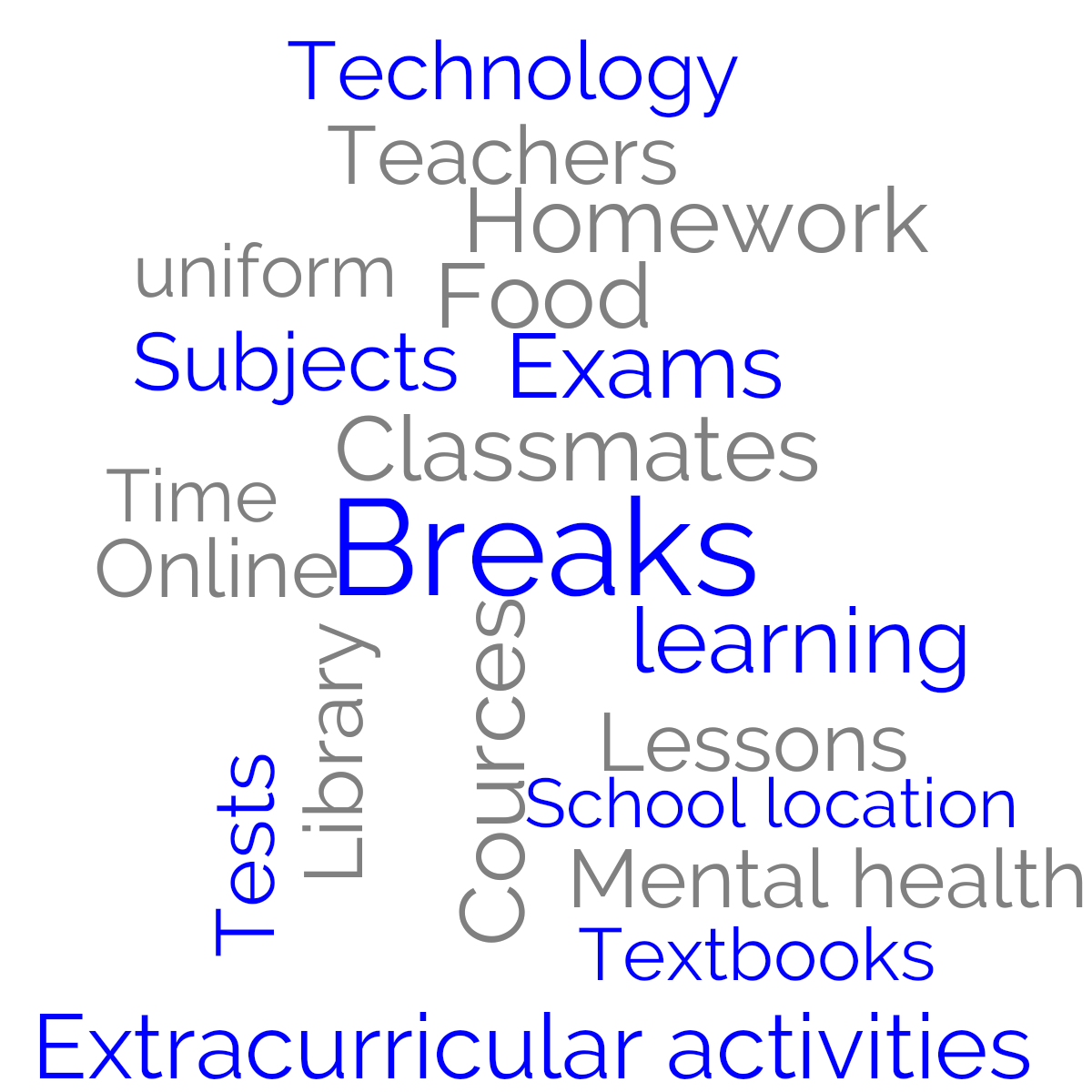 Word cloud with 20 words like Breaks, Classmates and Cources in blue, gray and white.