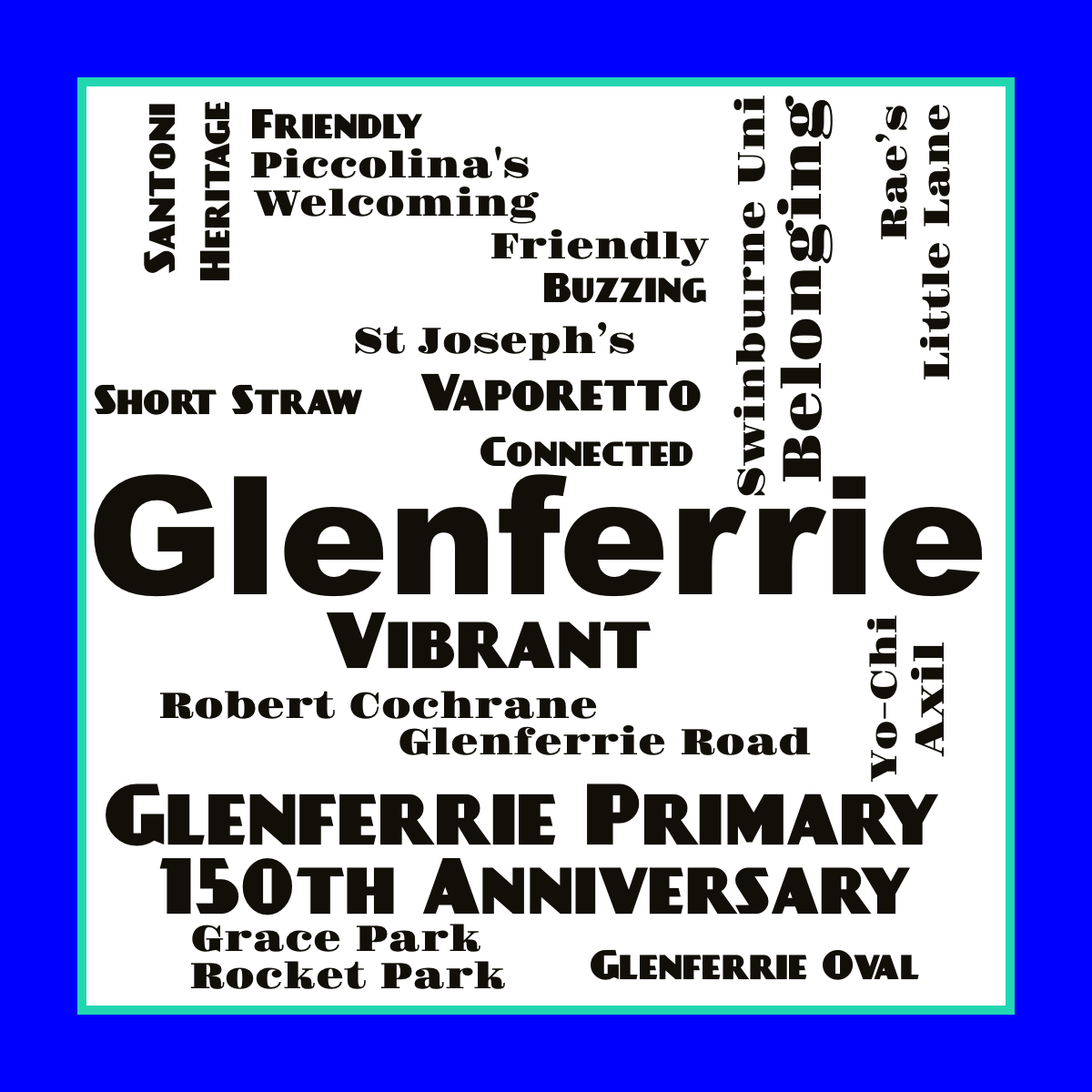 Word cloud in a Square shape with 1 word Victoria Road Reserve in multicolor.