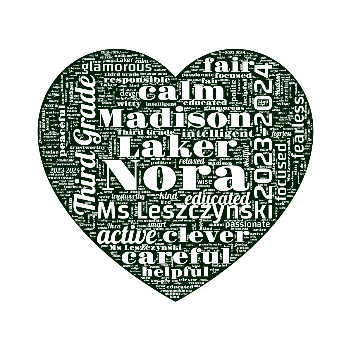 Word cloud in a Heart shape with 28 words like Nora, Laker and Third Grade in white and black.