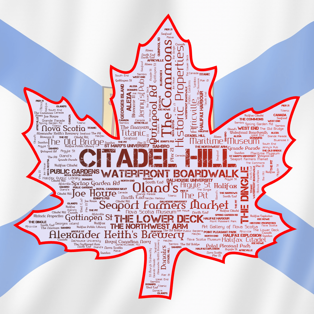 Word cloud in a Maple Leaf shape with 47 words like Halifax, Nova Scotia and Canada in gray, red and blue.