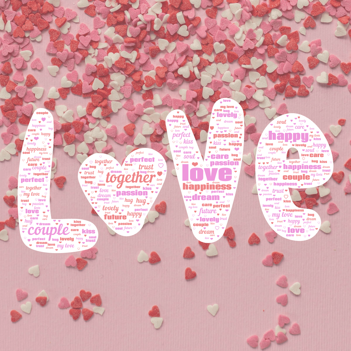 Word cloud in a Love shape with 19 words like love, couple and together in purple, red and white.