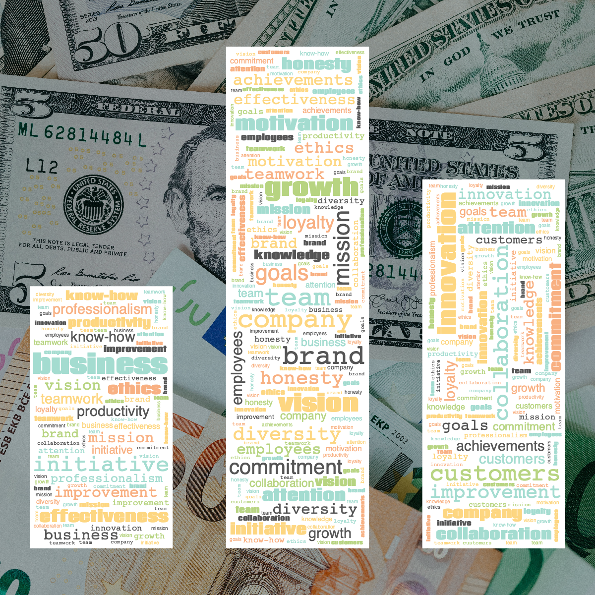 Word cloud in a Chart shape with 28 words like business, team and company in multicolor.