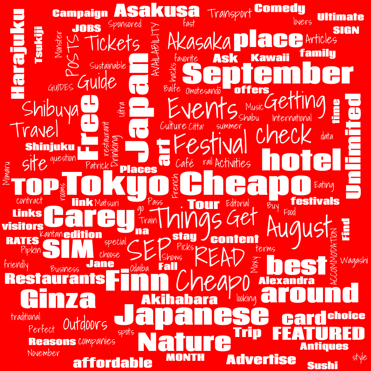 Word cloud with 176 words like Tokyo Cheapo, Things and Festival in white and red.