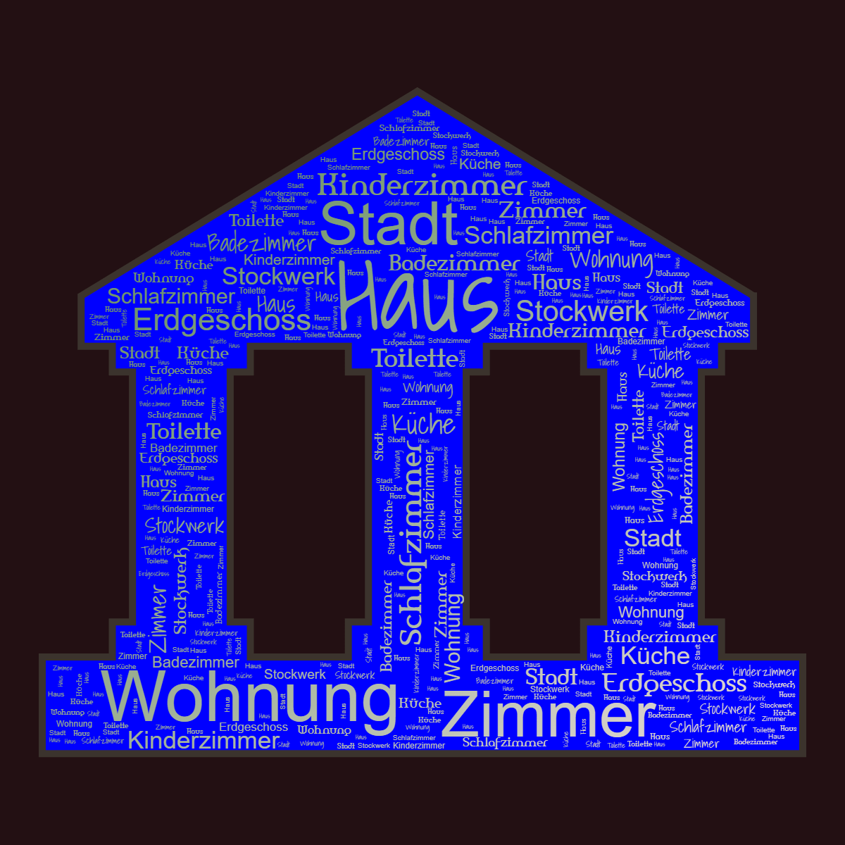 Word cloud in an Acropolis shape with 11 words like Haus, Wohnung and Zimmer in multicolor.