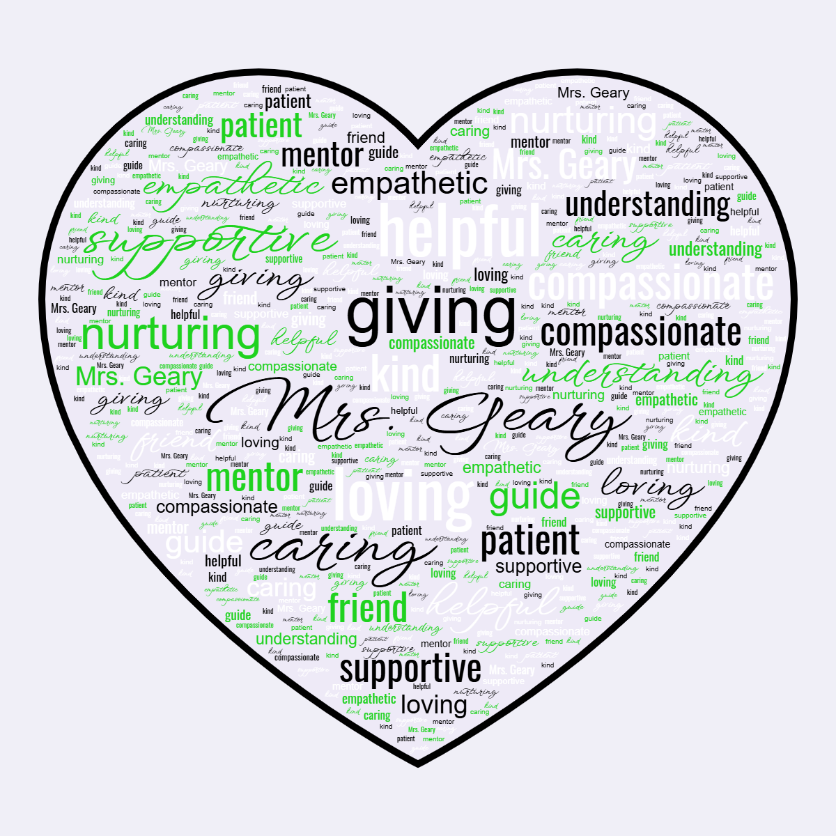 Word cloud in a Heart shape with 15 words like Mrs. Geary, loving and caring in multicolor.