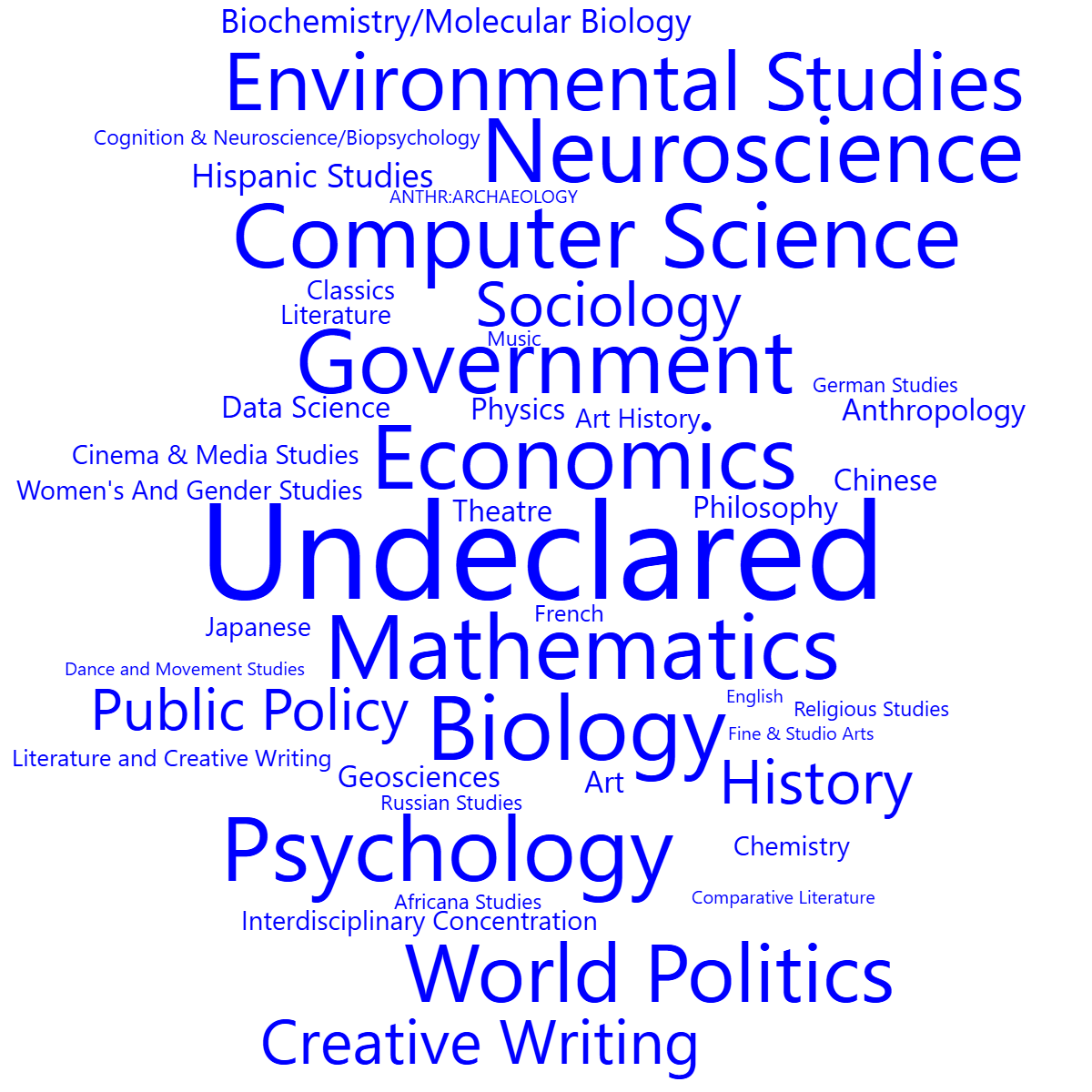Word cloud with 45 words like Undeclared, Economics and Mathematics in blue.