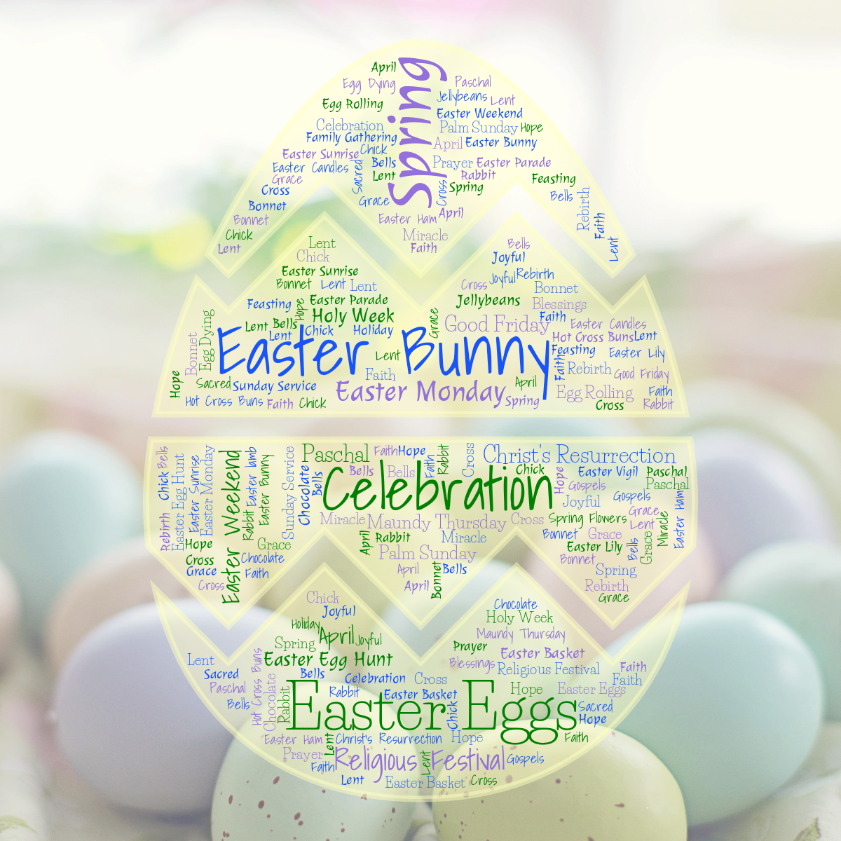 Word cloud in an Easter Egg shape with 50 words like Easter Bunny, Spring and Easter Eggs in multicolor.