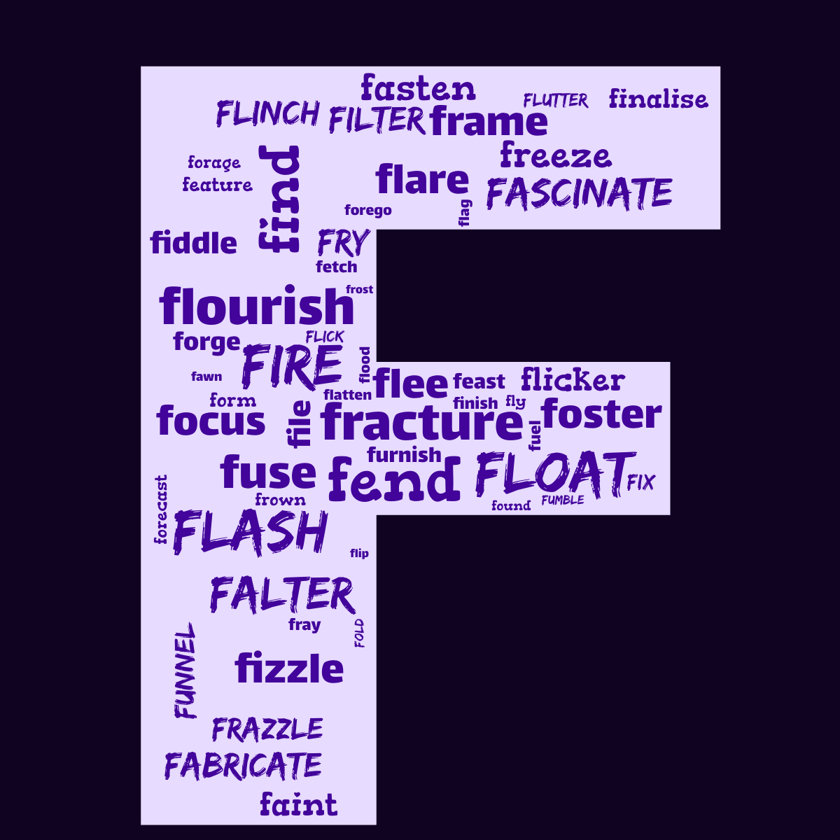 Word cloud in the shape of the letter F with 55 words like find, finish and focus in purple.