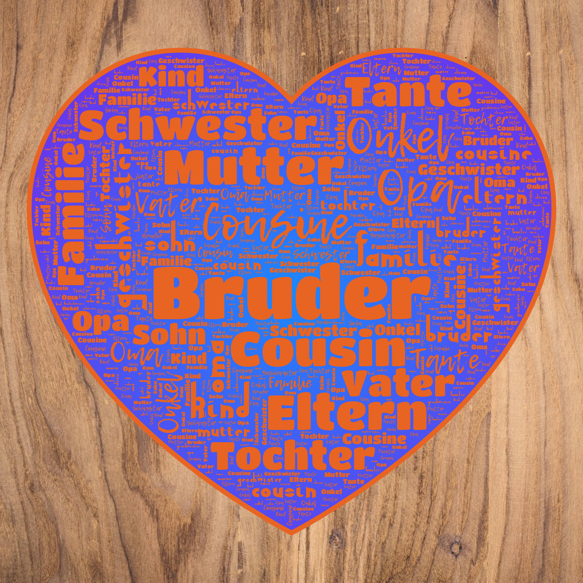 Word cloud in a Cards Hearts shape with 16 words like Bruder, Cousin and Cousine in bright orange, blue and purple.
