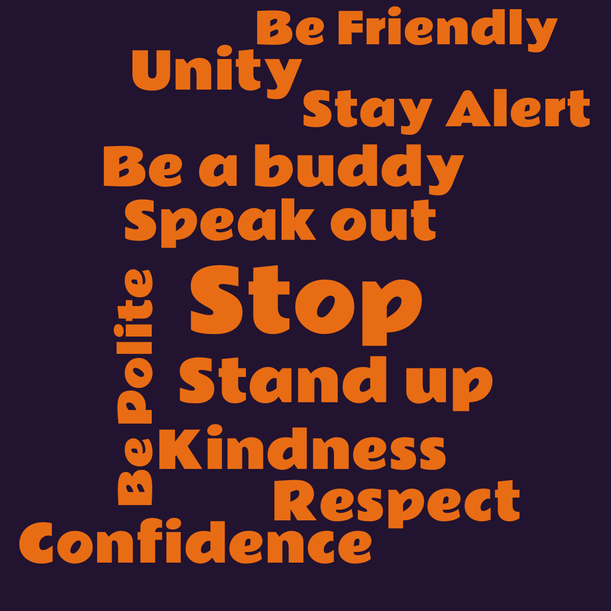 Word cloud with 11 words like Stop, Stand up and Speak out in orange and purple.