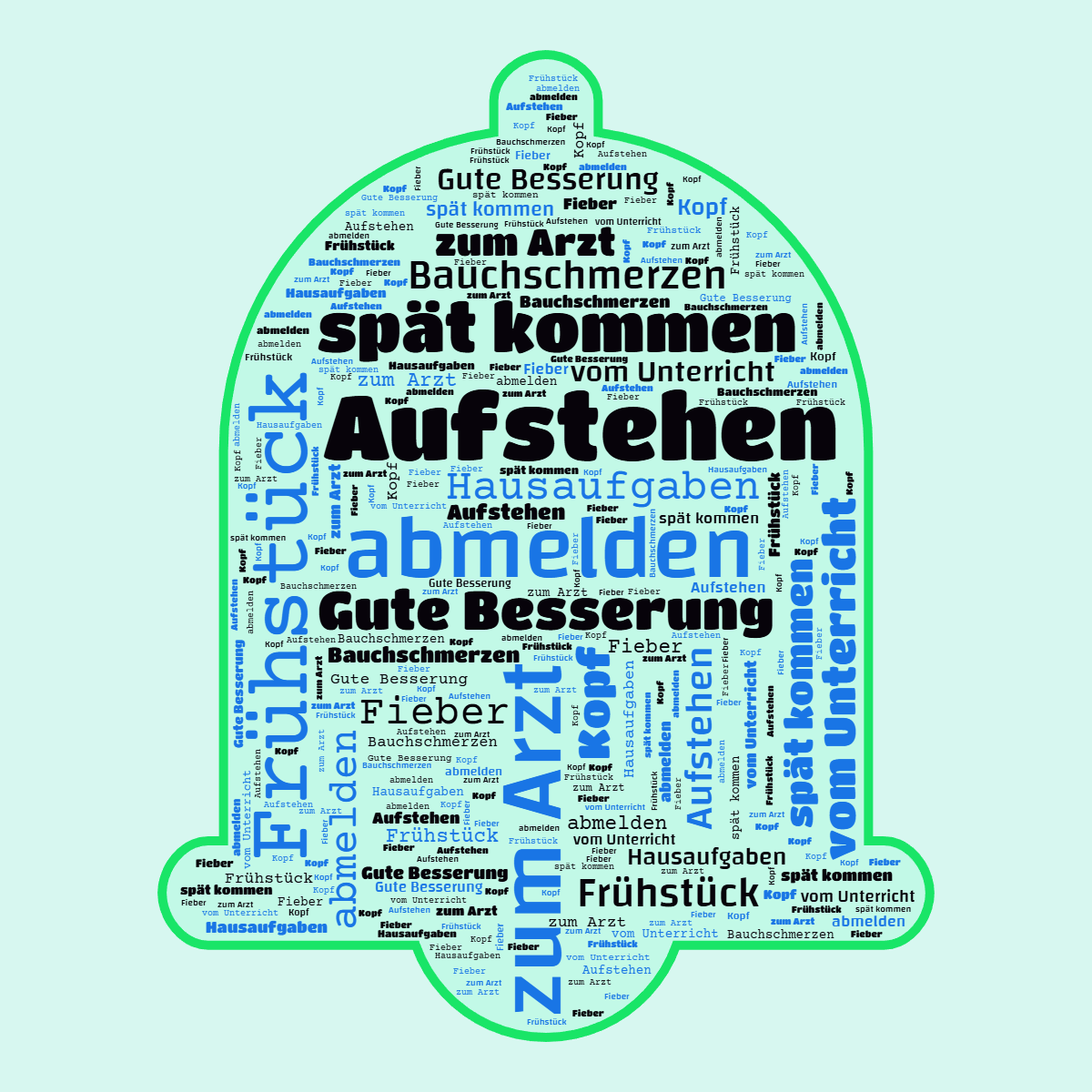 Word cloud in an Alarm shape with 11 words like abmelden, Frühstück and zum Arzt in blue, black and green.