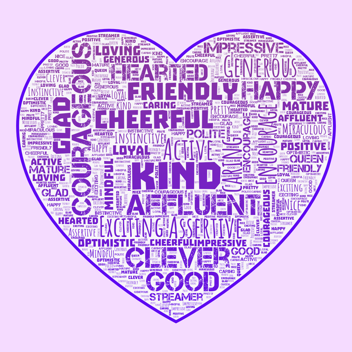Word cloud in a Heart shape with 30 words like kind, Active and Affluent in purple.