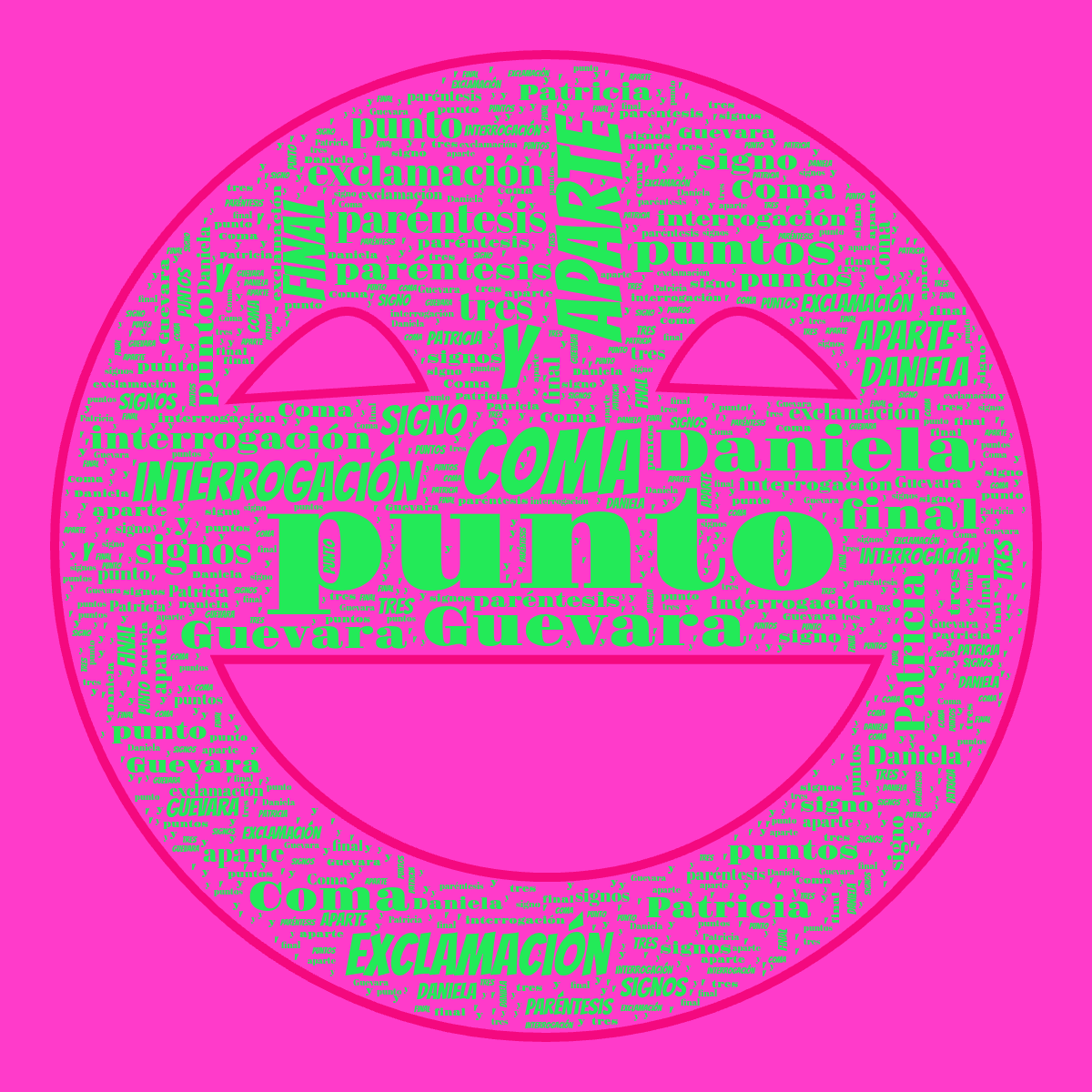 Word cloud in a Happy Face shape with 15 words like punto, Coma and y in green, purple and pink.